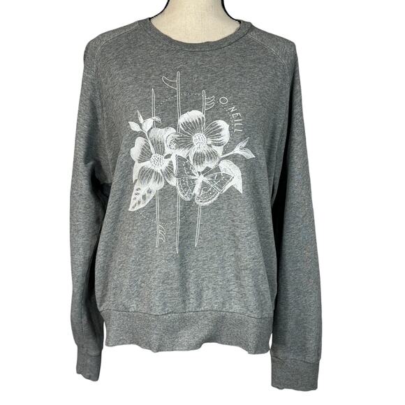O’Neill Large Sweatshirt Crew Neck Long Sleeve Stretch Floral Gray Heather Women - Picture 1 of 10